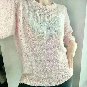 Vintage Paris Sports Club Prep Light Pink Knit Floral Embroidered Sweater Small